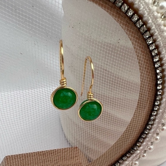 BRIGHT Green Agate and Gold Wire Wrapped Minimalist Earrings - Picture 3 of 11